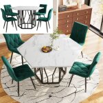 Table salle � manger - hexagonale - noir - 4 chaises velours vert - mdf motif marbre
