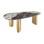Table de salle à manger nera ? ovale 200 cm ? plateau marbre gris ? pieds métal or ? style chic Table de salle à manger nera ? ovale 200 cm ? plateau marbre gris ? pieds métal or ? style chic