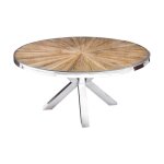 Table de salle � manger rafta ? bois de teck et verre tremp� ? pied chrom� ? 120 cm ? ronde ? style contempora ...