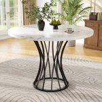 Table de salle  manger ronde - muvoe - 80x80 cm - mdf marbr - pieds en mtal noir - 4 places