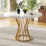 Table de salle  manger ronde - muvoe - 80x80 cm - mdf marbr - pieds dors - 4 places