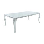 Table de salle � manger velena ? acier argent� et verre opale ? 180 cm ? style baroque moderne