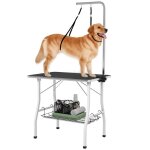 Table de toilettage pour chien - pawhut - plateau antid�rapant caoutchouc avec 2 sangles - potence r�glable ...