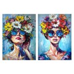 Tableau d�coratif portrait floral set de 2 toiles sur cadre en bois 70x50 cm fond bleu ciel style moderne ...