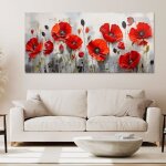 Tableau moderne salon grand tableau coquelicots rouges sur fond gris moderne sur toile sans cadre - 150x70 ...