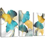 Tableau mural triptyque feuilles ginkgo biloba dor�es 150x70cm - impression toile hd sur cadre bois - ...