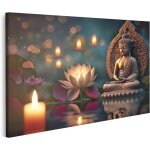 Tableau sur toile bouddha purnima vesak jour statue fleur de lotus aux chandelles cadre affiche poster ...