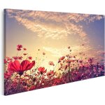 Tableau sur toile paysage nature beau champ de fleurs de rouge rose avec soleil affiche poster murale ...
