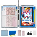 Tablette enfant 10?? android 14 8go ram 64go avec kid - proof �tui bleu clavier rose et sac dordinateur ...