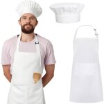 Tablier de cuisine adulte blanc r�glable imperm�able avec 2 poches + toque de chef �lastique usage barbecue ...