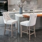 Tabourets de bar 2p velours beige - pied bois & garniture cloutée chrome - style contemporain capitonné ... Tabourets de bar 2p velours beige - pied bois & garniture cloutée chrome - style contemporain capitonné ...
