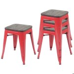 Tabourets - design industriel - lot de 4 - bois dorme - mtal rouge - empilables