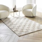 Tapis rectangle 120 x 170 cm ? shaggy damero ? effet damier beige et ivoire