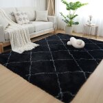Tapis salon shaggy 160 x 230cm descente de lit chambre grande taille tapis moelleux noir style moderne ...