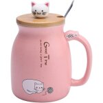 Tasse � caf� en c�ramique mignonne avec couvercle en forme de chat mignon cuill�re en acier inoxydable ...