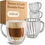 Tasses � cappuccino double paroi 250ml - set de 4 tasses avec poign�e - design �l�gant � cannelures avec ...