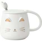 - tasse chat kawaii 450ml - mug chat avec couvercle & cuill�re - coloris blanc & or en c�ramique - mug ...