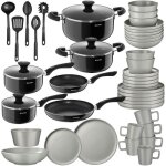 Tectake set de cuisine pour 6 personnes avec vaisselle et casseroles - gris / noir - 45 pi�ces