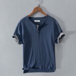 Tee shirt en coton lin homme respirante lger t confortable manches courtes - bleu marine
