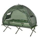 Tente ensemble camping 4 en 1 + sac de couchage + matelas pliable vert fonc� - aventure plein air - compact ...