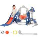 Aire de jeux 5 en 1 - non spcifi - toboggan avec balanoire basket football lasso hockey - bleu