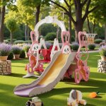 Toboggan lapin 4 en 1 pliable - balanoire rglable + panier basket (en71 certifi) pour appartement ...