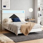 Lit 140x190 cm capitonn� toniu beige en velours avec led et ports usb sommier inclus