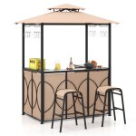 Tonnelle de barbecue avec 2 tabourets de bar costway - plateau en verre tremp - etagres de rangement ...