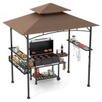 Tonnelle de barbecue 242x153cm costway - toit 2 niveaux - 2 etagres latrales - panier rangement - crochets ...