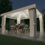 Tonnelle avec rideau et guirlande led - vidaxl - 4x3 m - blanc cr�me - �nergie solaire - double toit ...