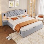 Topesct - lit adulte 160200cm tte de lit intgre interface usb deux lampes de chevet grand rangement ...