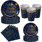 Trahoo - kit vaisselle jetable anniversaire 50 pi�ces bleu marine et or - 10 assiettes plates 10 assiettes ...
