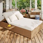 Transat double rotin canap� jardin pliable imperm�able coussins inclus blanc pour balcon et terrasse