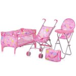 Trixy ensemble 3en1 pour poupe poussette pliable avec sac  langer chaise haute lit parapluie jouet ...