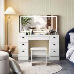 Tukailai coiffeuse blanche avec station de recharge miroir et tabouret rembourr� grand bureau de maquillage ...