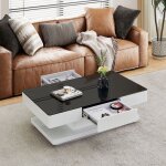 Tukailai table basse haute brillance avec 2 tiroirs et espace de rangement plateau en verre tremp de ...