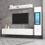Tv mural set de 3 pices led clairage haute lumire blanc salon meubles set mur avant blanc 1 x armoire ...