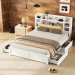 Ulife lit rembourr blanc 160 x 200 cm tte de lit  charnires quatre tiroirs plusieurs compartiments ...