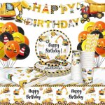 Vaisselle anniversaire chantier decoration anniversaire construction assiette anniversaire avec pailles ...