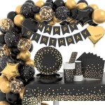 Vaisselle anniversaire noir et or : assiettes de f�te ballons d�coration pour f�tes kit de decoration ...