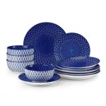 Vancasso service de table 12pcs flamme diamante en porcelaine bleue et blanche avec ensemble assiette ...