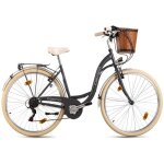 Vélo de ville femme 28 ?casino? 6 vitesses anthracite avec panier dacapo Vélo de ville femme 28 ?casino? 6 vitesses anthracite avec panier dacapo