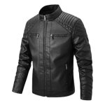 Veste de moto polaire vitata pour homme - col montant en cuir synthtique - fermeture clair - noir