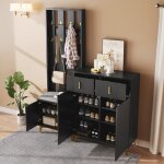 Vestiaire d?entr�e en bois noir - meuble compact avec banc crochets et rangements