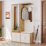 Vestiaire meuble dentre blanc + bois avec miroir armoire  chaussures banc  chaussures avec crochets ...