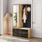 Vestiaire meuble dentre noir + bois avec miroir armoire  chaussures banc  chaussures avec crochets ...