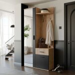 Vestiaire avec miroir lea - porte - manteau avec crochets et tiroir - artisan ch�ne / noir - 97 x 30 ...