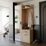 Vestiaire avec miroir lea - porte - manteau avec crochets et tiroir - ch�ne artisanal - 97 x 30 x 195 ...