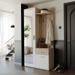 Vestiaire avec miroir lea - porte - manteau avec crochets et tiroir - ch�ne sonoma / blanc - 97 x 30 ...