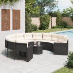 Vidaxl canap� de jardin avec table coussins rond noir r�sine tress�e canap� d?ext�rieur canap� de forme ...